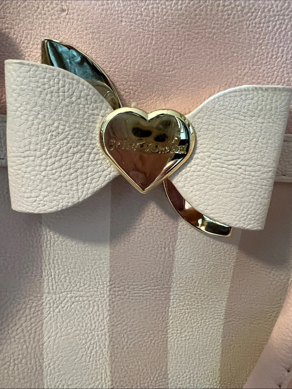 Betsey Johnson Pink and Cream Striped Satchel with Bow Charm